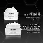 Visual comparison of two Medik8 moisturisers. Left: Advanced Night Restore for firming and smoothing wrinkles (PM use). Right: Advanced Pro-Collagen+ Peptide Cream for collagen boosting and deep wrinkle reduction (AM/PM use). 