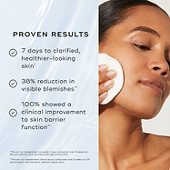 A model applies toner with a cotton pad alongside text listing "Proven Results," including "7 days to clarified, healthier-looking skin*" and "38% reduction in visible blemishes**".