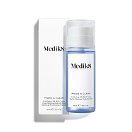 Medik8 Press & Clear bottle containing blue liquid standing next to its white box. Text identifies it as an "Exfoliating 2% BHA Tonic" with "Gentle-Release Salicylic Acid."