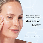 A close-up of a model applying serum to her cheek, displaying a radiant complexion. Text reads "Proven to deliver an instant, visible Glass-like Glow*".