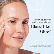 A close-up of a model applying serum to her cheek, displaying a radiant complexion. Text reads "Proven to deliver an instant, visible Glass-like Glow*".