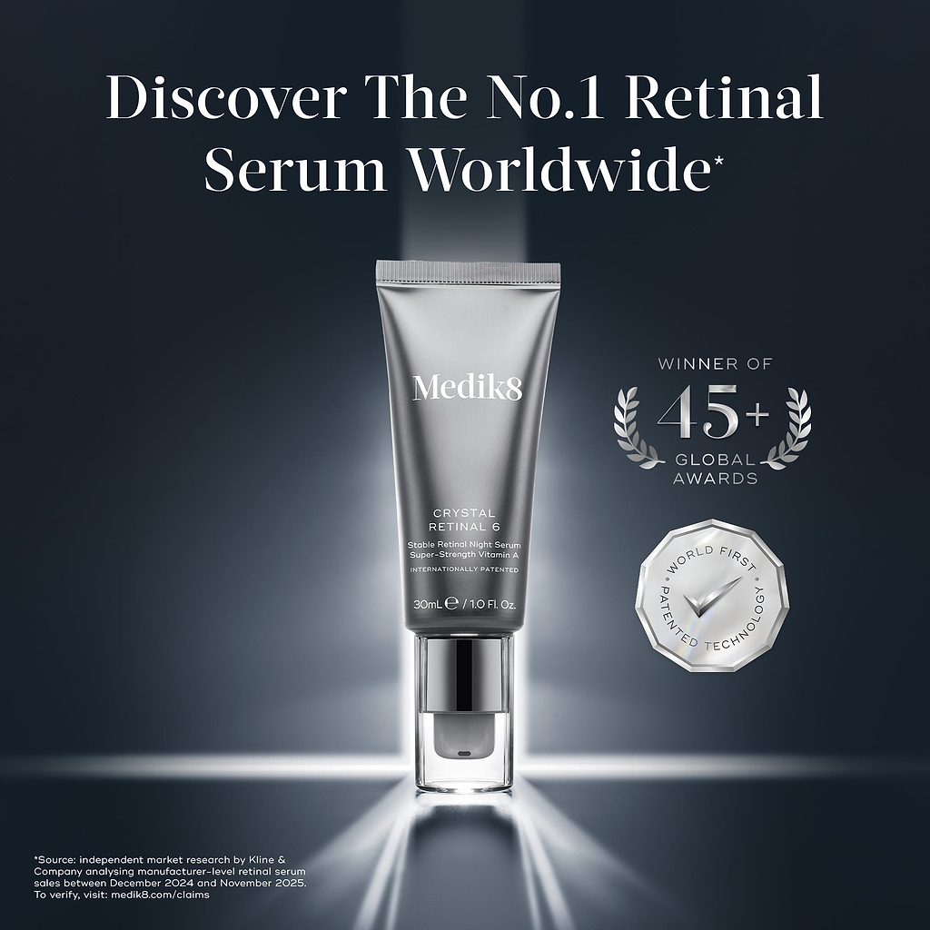 Medik8 Crystal Retinal 6 serum tube on a dark blue background with spot-lighting. Headline text states "Discover The No.1 Retinal Serum Worldwide*". Beside it are two silver badges: "WINNER OF 45+ GLOBAL AWARDS" and "WORLD FIRST PATENTED TECHNOLOGY". A footnote cites Kline & Company market research.