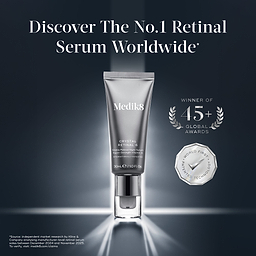 Medik8 Crystal Retinal 6 serum tube on a dark blue background with spot-lighting. Headline text states "Discover The No.1 Retinal Serum Worldwide*". Beside it are two silver badges: "WINNER OF 45+ GLOBAL AWARDS" and "WORLD FIRST PATENTED TECHNOLOGY". A footnote cites Kline & Company market research.