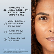 A close-up of a model's face with three dots of cream applied under the eye. Text declares it the "World's 1st Clinical Strength Retinal for Under Eyes" and lists benefits including visibly brightening, smoothing, lifting, and plumping the eye area.