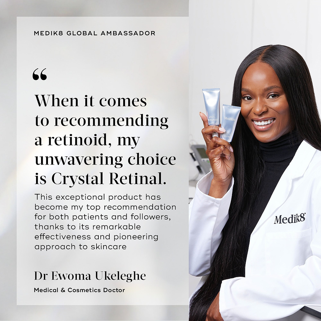 A portrait of Dr. Ewoma Ukeleghe, Medical & Cosmetics Doctor, wearing a Medik8 lab coat and holding Crystal Retinal tubes. A quote reads: "When it comes to recommending a retinoid, my unwavering choice is Crystal Retinal."