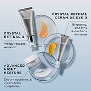 An overhead shot of the Nighttime Reset trio—Crystal Retinal 3, Crystal Retinal Ceramide Eye 3, and Advanced Night Restore—arranged with petri dishes showing their orange and white cream textures. Text links each product to its benefit: "Visibly reduces wrinkles," "Brightens, smooths & awakens eye area," and "Deeply nourishes & visibly firms complexion."