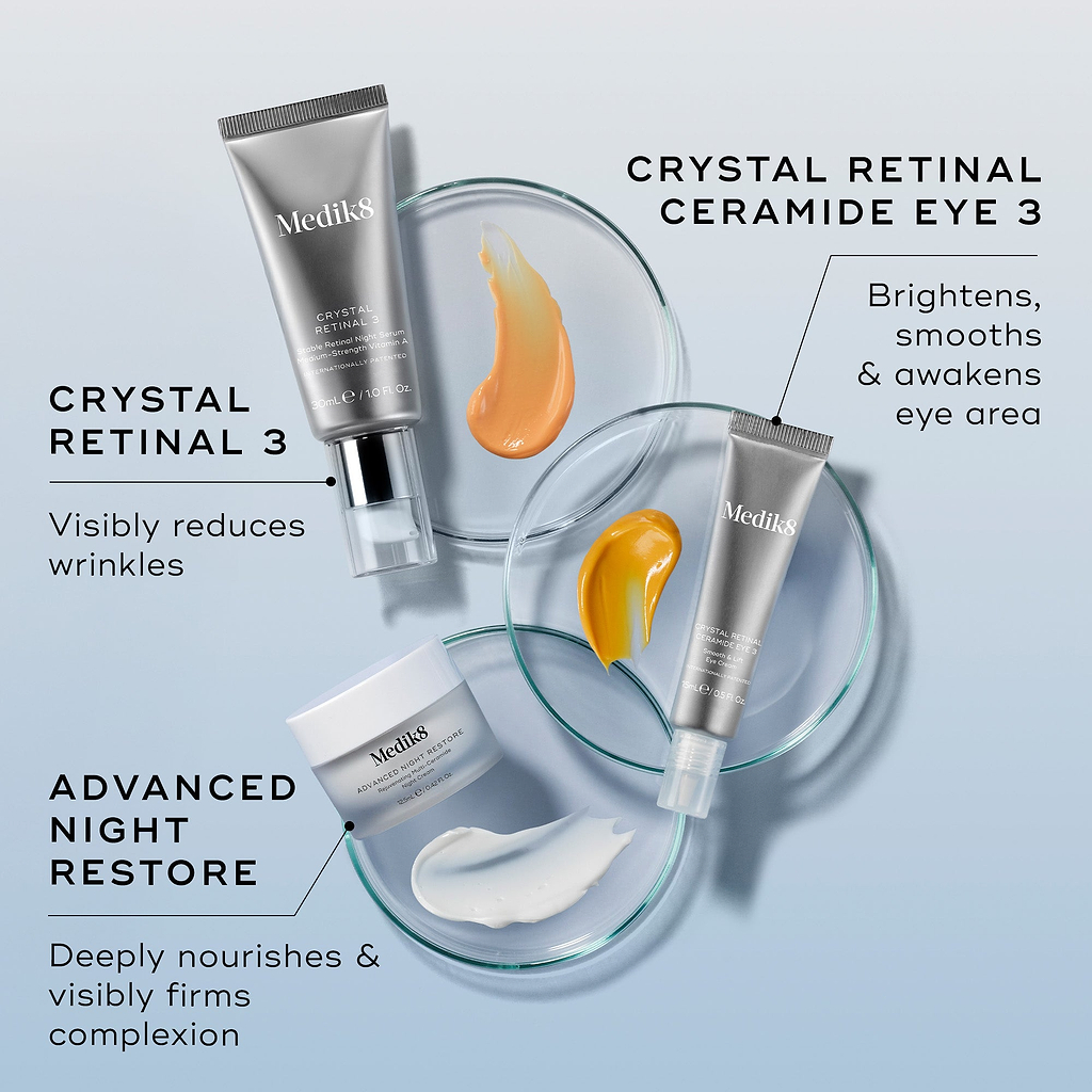 An overhead shot of the Nighttime Reset trio—Crystal Retinal 3, Crystal Retinal Ceramide Eye 3, and Advanced Night Restore—arranged with petri dishes showing their orange and white cream textures. Text links each product to its benefit: "Visibly reduces wrinkles," "Brightens, smooths & awakens eye area," and "Deeply nourishes & visibly firms complexion."