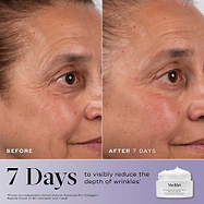 A before-and-after close-up of a cheek and eye area showing reduced wrinkle depth "After 7 Days." Text states "7 Days* to visibly reduce the depth of wrinkles*". The Advanced Pro-Collagen+ Peptide Cream jar is shown in the corner.