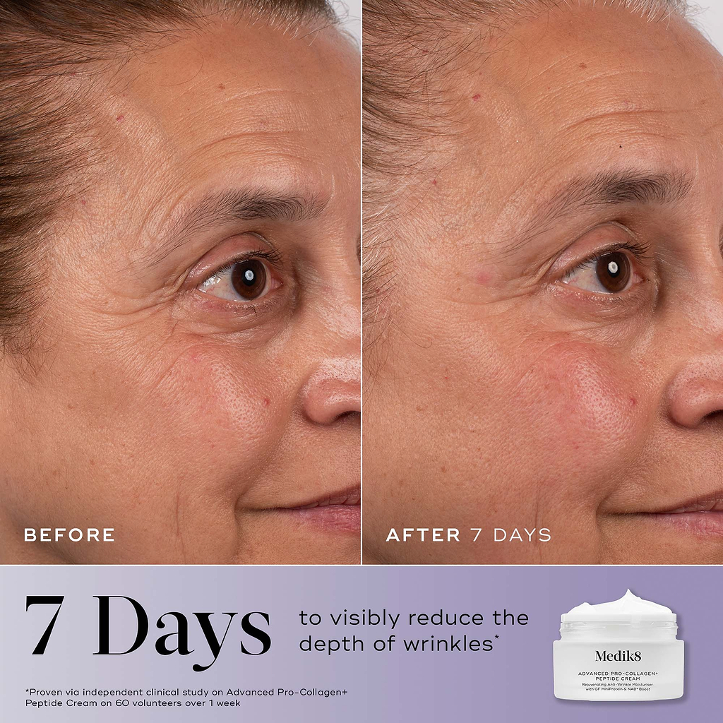 A before-and-after close-up of a cheek and eye area showing reduced wrinkle depth "After 7 Days." Text states "7 Days* to visibly reduce the depth of wrinkles*". The Advanced Pro-Collagen+ Peptide Cream jar is shown in the corner.