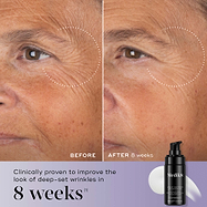 A before-and-after close-up of an eye area, showing visibly reduced crow's feet in the "After 8 weeks" image. Text highlights "Clinically proven to improve the look of deep-set wrinkles in 8 weeks*". The Liquid Peptides Advanced MP bottle is shown in the corner.