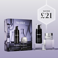 The Medik8 Peptide Boosters kit box and products displayed on clear blocks against a lilac background. A glowing hexagonal graphic highlights a saving of "£21."
