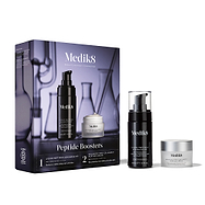 The Medik8 Peptide Boosters kit box displayed next to its contents: the black Liquid Peptides Advanced MP bottle and the silver Advanced Pro-Collagen+ Peptide Cream jar. The purple box features lab glassware graphics and lists the benefits of the 2-step routine. 
