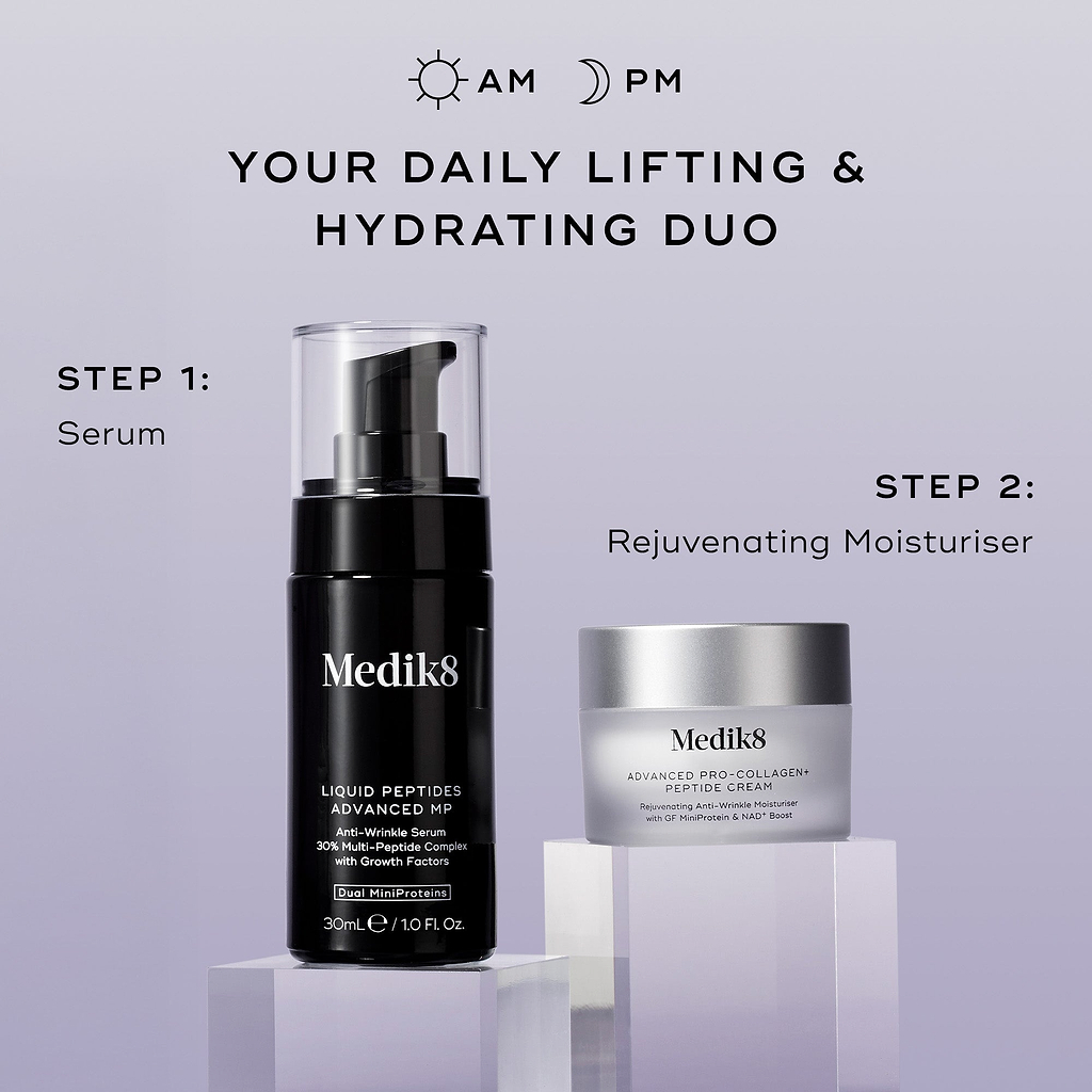 A routine guide titled "Your Daily Lifting & Hydrating Duo" with AM and PM icons. Products stand on clear blocks: Step 1 is Liquid Peptides Advanced MP (Serum), and Step 2 is Advanced Pro-Collagen+ Peptide Cream (Rejuvenating Moisturiser).