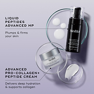 An overhead shot of the Peptide Boosters duo—Liquid Peptides Advanced MP and Advanced Pro-Collagen+ Peptide Cream—arranged with petri dishes showing white serum droplets and a smear of white cream against a lilac background. Text links each product to its benefit: "Plumps & firms your skin" and "Delivers deep hydration & supports collagen."