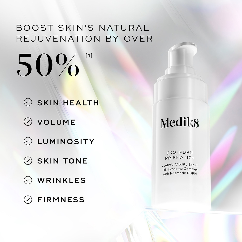 A white Medik8 Exo-PDRN Prismatic+ pump bottle rests on a clear prismatic surface against a bright background with holographic light flares. Text highlights "BOOST SKIN'S NATURAL REJUVENATION BY OVER 50% [1]". A checklist of benefits with checkmarks includes: Skin Health, Volume, Luminosity, Skin Tone, Wrinkles, and Firmness. The bottle text details it as a "Youthful Vitality Serum Tri-Exosome Complex with Prismatic PDRN".