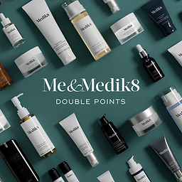 A square promotional banner set against a deep green background, featuring a scattered, circular flat lay of various Medik8 skincare products including cleansers, serums, and creams. The text "Me&Medik8 DOUBLE POINTS" is prominently centered in white.