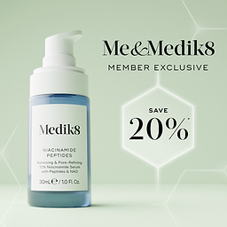 A blue frosted Medik8 Niacinamide Peptides pump bottle on a green gradient background with white hexagonal outlines. Text reads "Me&Medik8 MEMBER EXCLUSIVE" next to a glowing hexagon highlighting "SAVE 20%*". The bottle label notes "Balancing & Pore-Refining 10% Niacinamide Serum".