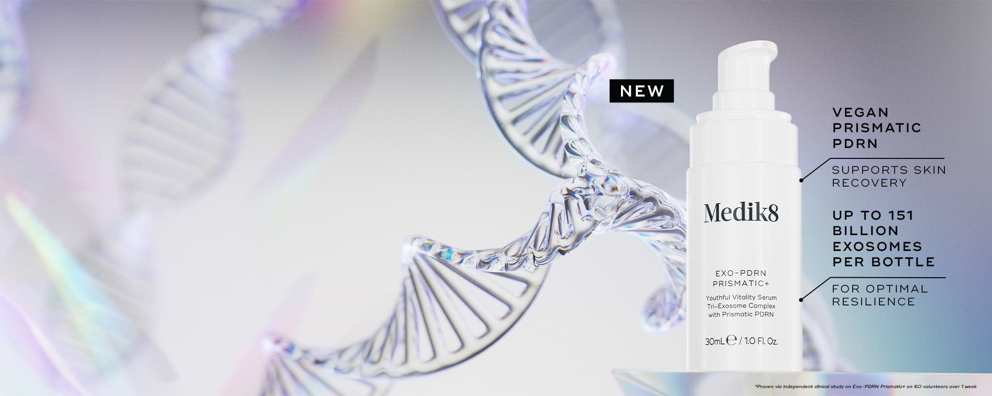 A white Medik8 Exo-PDRN Prismatic+ pump bottle set against a bright background with a translucent DNA double helix. A black badge reads "NEW". Text points to the bottle: "Vegan Prismatic PDRN Supports Skin Recovery" and "Up To 151 Billion Exosomes Per Bottle For Optimal Resilience". A footnote references a 4-week clinical study.