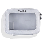 A silver faux-leather Medik8 cosmetic bag viewed from the front against a white background with a soft drop shadow. The bag features a clear, transparent window taking up most of the front panel, surrounded by a stitched border. The Medik8 logo is printed in black above the clear window.