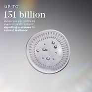 A 3D illustration of an exosome vesicle with an outer lipid layer and inner spheres, set against a light grey background with soft holographic light flares. Text reads "UP TO 151 billion exosomes per bottle to support skin’s natural signalling processes for optimal resilience".