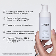 A hand holding a white Medik8 Exo-PDRN Prismatic+ pump bottle against a light grey background. Checkmarks highlight clinical claims: improved skin barrier, health appearance, and radiance in 7 days, 100% improved wrinkle appearance in 14 days, and 100% better absorption for Prismatic PDRN versus standard vegan PDRN. Footnotes reference studies.