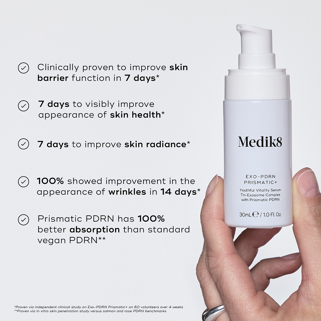 A hand holding a white Medik8 Exo-PDRN Prismatic+ pump bottle against a light grey background. Checkmarks highlight clinical claims: improved skin barrier, health appearance, and radiance in 7 days, 100% improved wrinkle appearance in 14 days, and 100% better absorption for Prismatic PDRN versus standard vegan PDRN. Footnotes reference studies.