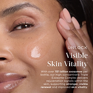 A close-up of a person's face and hand, showing a dollop of clear serum resting on their cheek to demonstrate texture. Text reads "UNLOCK Visible Skin Vitality" and describes the high-concentrate Triple Exosome Complex with over 151 billion exosomes per bottle, supporting stronger, visible renewal and improved skin vitality.