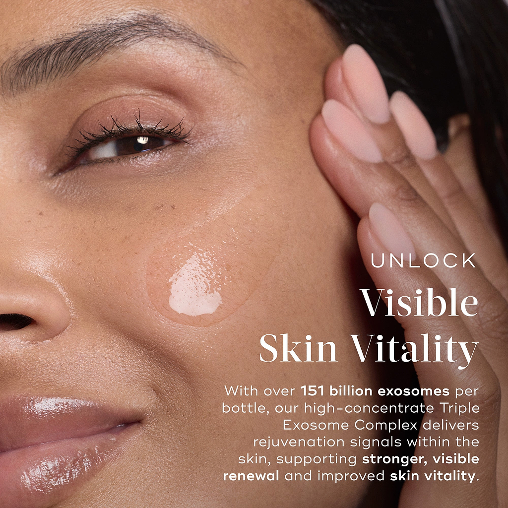 A close-up of a person's face and hand, showing a dollop of clear serum resting on their cheek to demonstrate texture. Text reads "UNLOCK Visible Skin Vitality" and describes the high-concentrate Triple Exosome Complex with over 151 billion exosomes per bottle, supporting stronger, visible renewal and improved skin vitality.