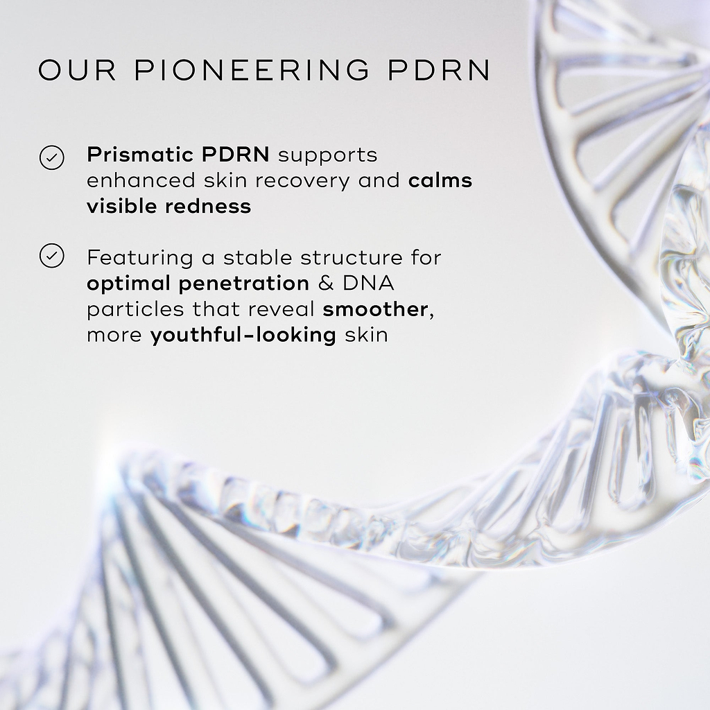 A 3D translucent, glass-like DNA double helix structure against a light grey background. Text titled "OUR PIONEERING PDRN" includes checkmarks stating Prismatic PDRN supports skin recovery, calms redness, and features a stable structure for optimal penetration revealing smoother, youthful-looking skin.