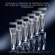 A square banner on a dark blue background showcasing the Medik8 Crystal Retinal ladder on crystal plinths. Text reads "CLINICALLY PROVEN TO IMPROVE EVERY KEY SIGN OF AGEING AS YOU MOVE UP IN STRENGTH*". Labels indicate the target user for each strength, from Strength 1 "For sensitive skin" up to Strength 24 "For expert users". A footnote details the 24-week clinical study on the ladder.