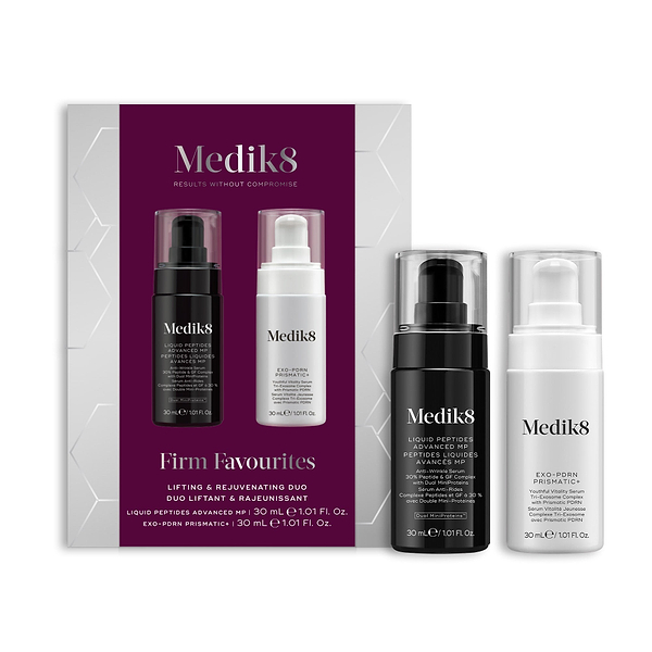 A Medik8 "Firm Favourites" gift box displayed on a white background, featuring a deep burgundy center. A Liquid Peptides Advanced MP black pump bottle and an Exo-PDRN Prismatic+ white pump bottle stand loose beside the box.