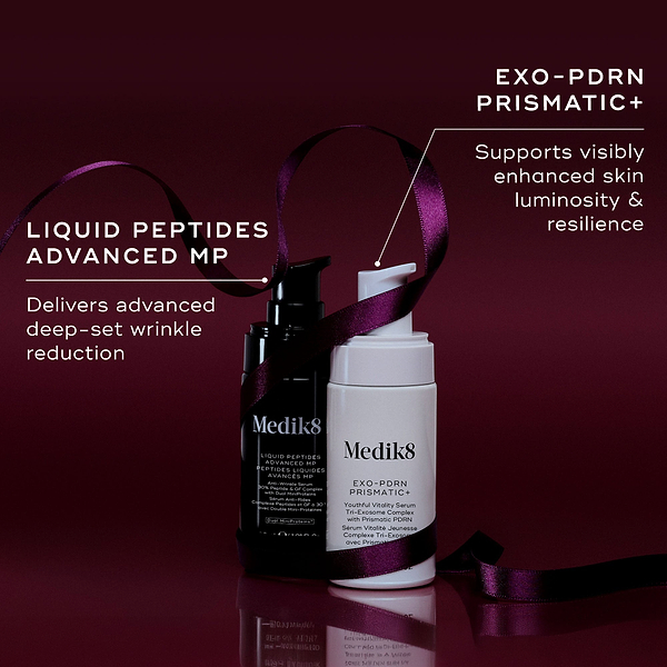 A Liquid Peptides Advanced MP black pump bottle and an Exo-PDRN Prismatic+ white pump bottle wrapped in a purple ribbon against a deep burgundy background. Text highlights that Liquid Peptides Advanced MP "delivers advanced deep-set wrinkle reduction," and Exo-PDRN Prismatic+ "supports visibly enhanced skin luminosity & resilience."