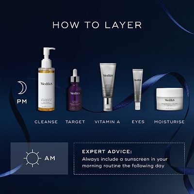 An infographic titled "How to Layer" against a dark blue background with a blue ribbon. The PM routine features a Lipid-Balance Cleansing Oil pump bottle, Hydr8 B5 Intense serum bottle, Crystal Retinal 3 tube, Crystal Retinal Ceramide Eye 3 tube, and Advanced Night Restore jar. A section below offers expert advice to "Always include a sunscreen in your morning routine the following day."