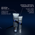 Two Medik8 products wrapped in a dark blue ribbon against a dark blue background, with text highlighting key benefits for each. The Crystal Retinal 3 tube "Visibly firms, brightens & smooths the skin," and the Crystal Retinal Ceramide Eye 3 tube "Targets visible crow's feet, fine lines & puffiness."
