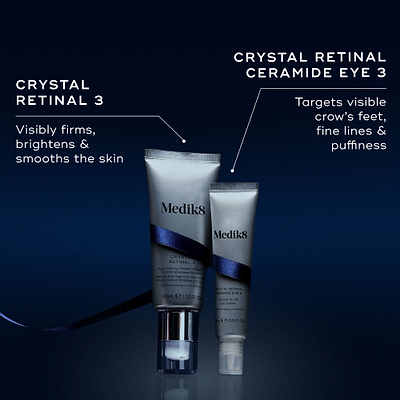 Two Medik8 products wrapped in a dark blue ribbon against a dark blue background, with text highlighting key benefits for each. The Crystal Retinal 3 tube "Visibly firms, brightens & smooths the skin," and the Crystal Retinal Ceramide Eye 3 tube "Targets visible crow's feet, fine lines & puffiness."