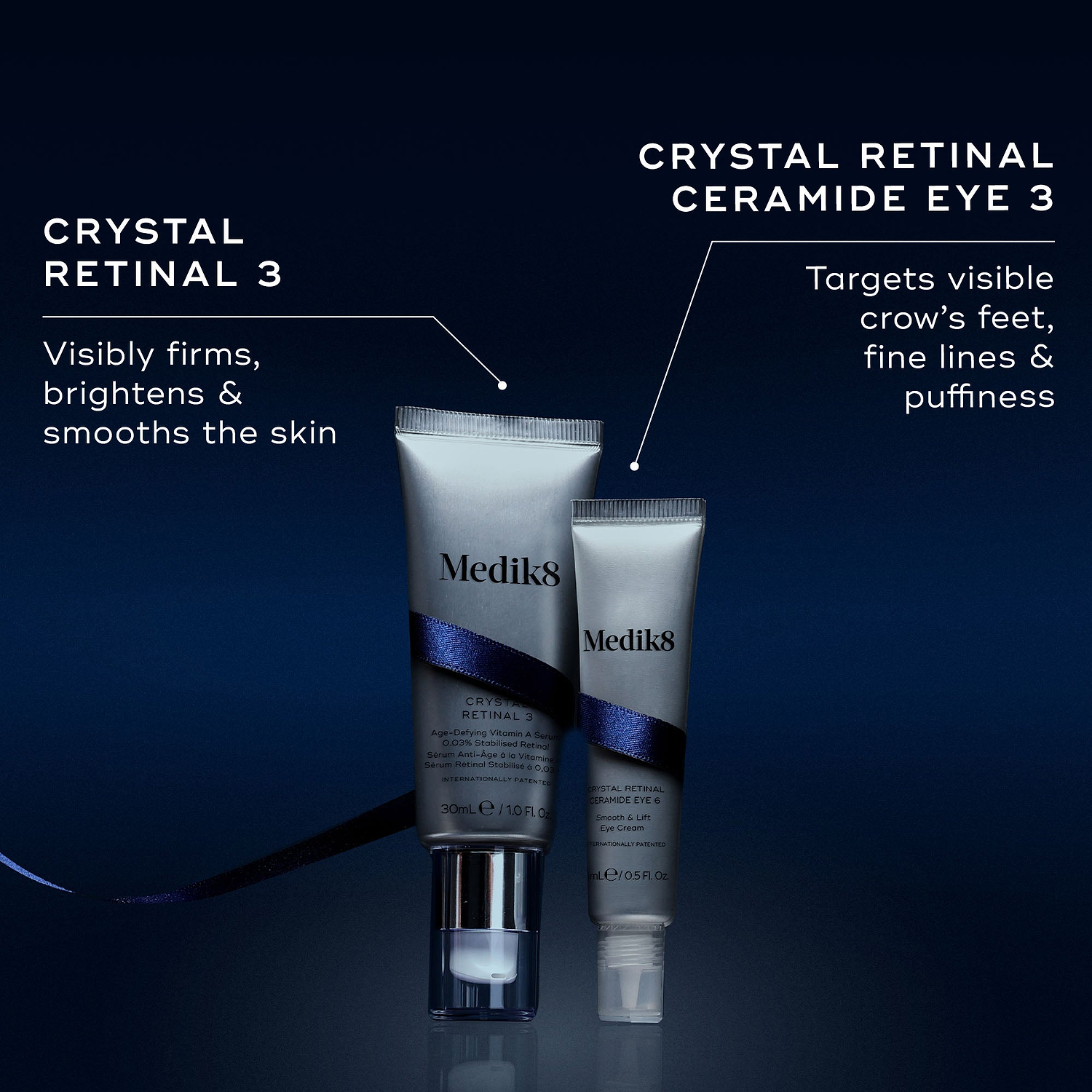 Two Medik8 products wrapped in a dark blue ribbon against a dark blue background, with text highlighting key benefits for each. The Crystal Retinal 3 tube "Visibly firms, brightens & smooths the skin," and the Crystal Retinal Ceramide Eye 3 tube "Targets visible crow's feet, fine lines & puffiness."