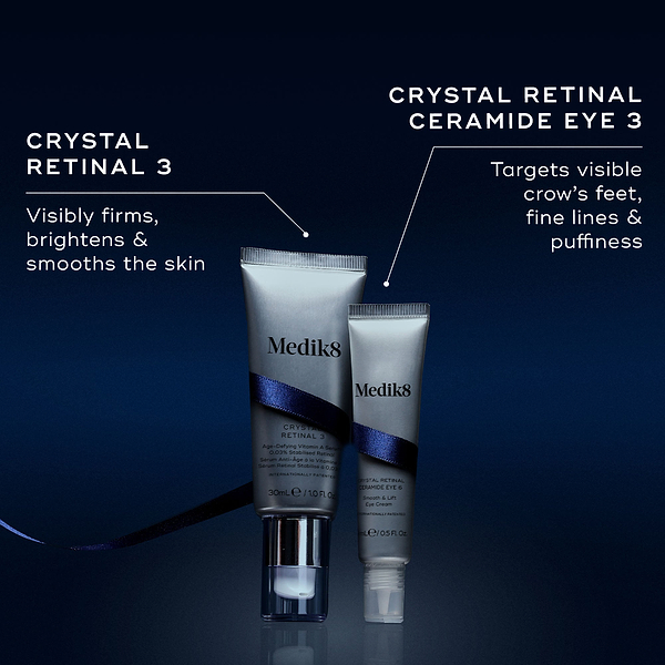 Two Medik8 products wrapped in a dark blue ribbon against a dark blue background, with text highlighting key benefits for each. The Crystal Retinal 3 tube "Visibly firms, brightens & smooths the skin," and the Crystal Retinal Ceramide Eye 3 tube "Targets visible crow's feet, fine lines & puffiness."