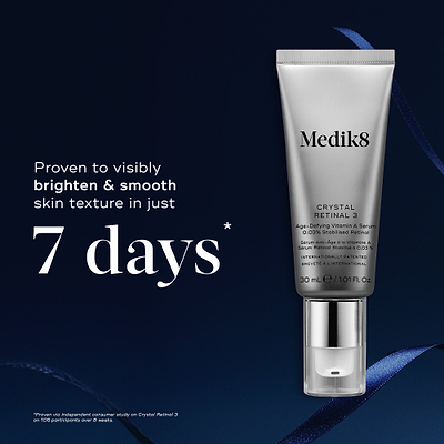 A Crystal Retinal 3 tube displayed against a dark blue background with a faint ribbon. Text highlights it is "Proven to visibly brighten & smooth skin texture in just 7 days."