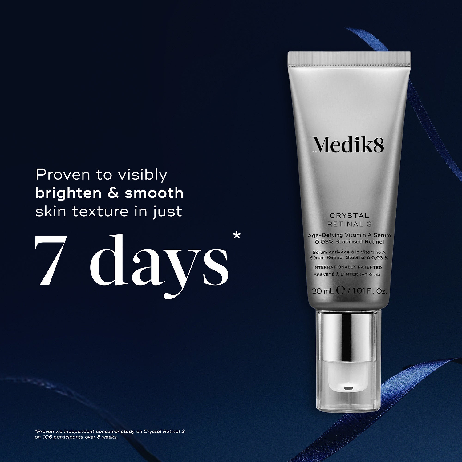 A Crystal Retinal 3 tube displayed against a dark blue background with a faint ribbon. Text highlights it is "Proven to visibly brighten & smooth skin texture in just 7 days."