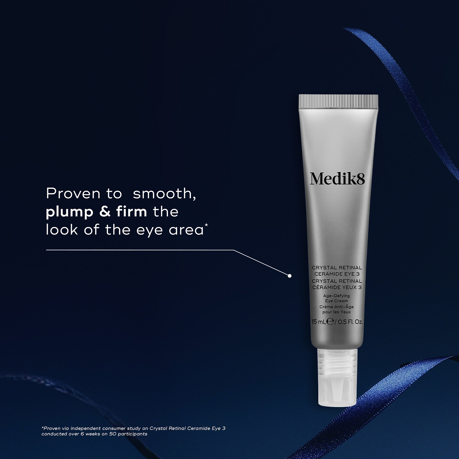 A Crystal Retinal Ceramide Eye 3 tube displayed against a dark blue background with a blue ribbon. Text pointing to the tube states it is "Proven to smooth, plump & firm the look of the eye area."