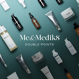 A flat lay of various Medik8 products scattered across a dark teal background. Centered white text reads "Me&Medik8 DOUBLE POINTS". Products shown include serums, creams, and cleansers.