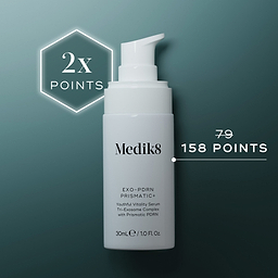 A banner on a dark teal gradient background. A white Medik8 Exo-PDRN Prismatic+ pump bottle is shown. A glowing hexagon highlights "2x POINTS", alongside a crossed-out 79 replaced with "158 POINTS". The bottle is detailed as a "Youthful Vitality Serum".
