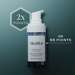 A banner on a dark teal gradient background. A blue Medik8 Niacinamide Peptides pump bottle is shown. A glowing hexagon highlights "2x POINTS", and text shows a crossed-out 49 replaced with "98 POINTS". The label notes it is a "10% Niacinamide Serum".
