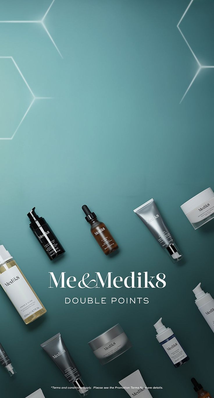 Vertical banner on a dark teal background featuring a flat lay of various Medik8 products scattered across the lower half. Centered white text reads "Me&Medik8 DOUBLE POINTS". Products shown include serums, creams, and cleansers.