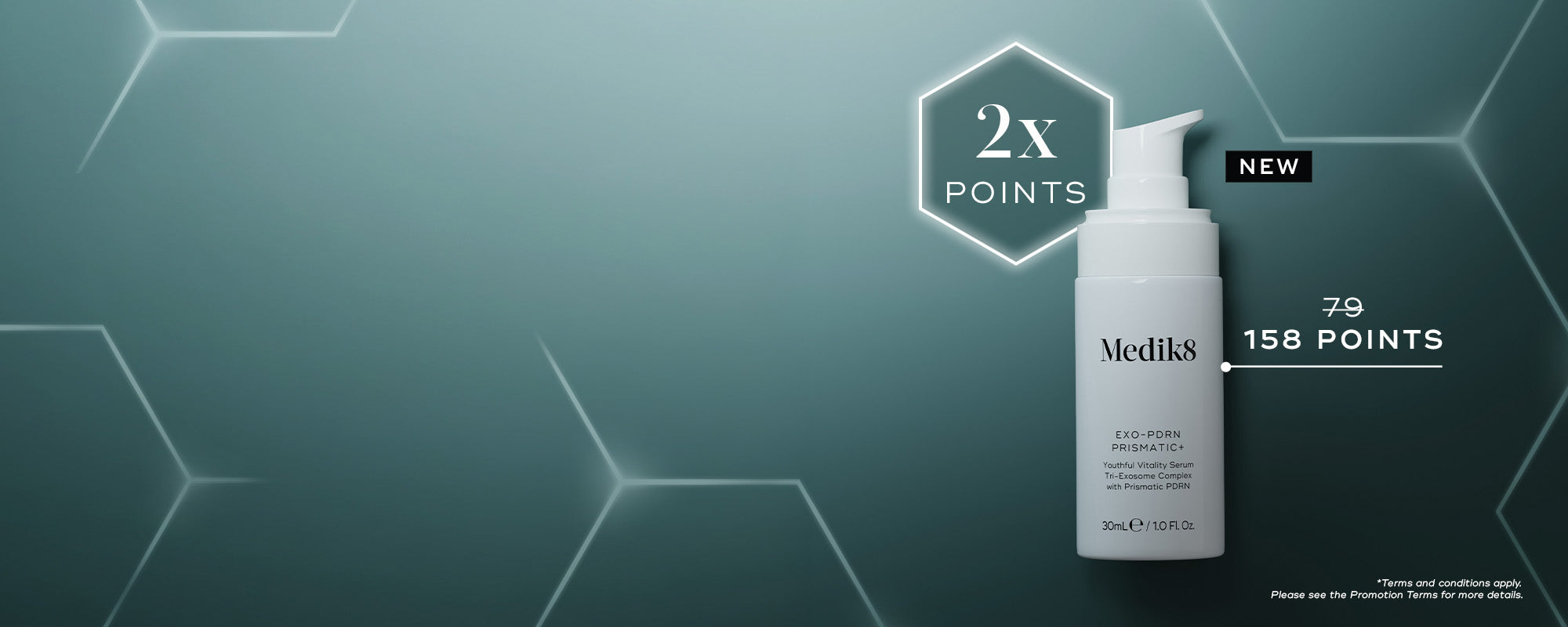 Horizontal banner on a dark teal gradient background with glowing hexagonal outlines. A white Medik8 Exo-PDRN Prismatic+ pump bottle is displayed with a "NEW" badge. A glowing hexagon highlights "2x POINTS", alongside a crossed-out 79 and "158 POINTS". The bottle is detailed as a "Youthful Vitality Serum Tri-Exosome Complex with Prismatic PDRN". Footnote states terms and conditions apply.
