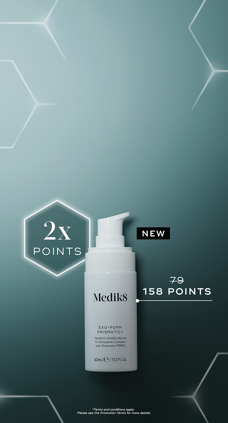 Vertical banner on a dark teal gradient background with glowing white hexagonal outlines. A white Medik8 Exo-PDRN Prismatic+ pump bottle is centered below a "NEW" badge. A glowing hexagon highlights "2x POINTS", and text shows a crossed-out 79 replaced with "158 POINTS". The bottle text describes it as a "Youthful Vitality Serum Tri-Exosome Complex with Prismatic PDRN". Footnote mentions terms and conditions apply.