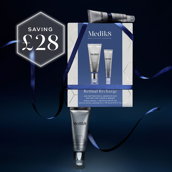 Medik8 Retinal Recharge skincare set featuring a white and blue gift box with two tubes - a Crystal Retinal 3 tube and Crystal Retinal Ceramide Eye 3 tube, and a dark blue ribbon, with a 'SAVING £28' promotional badge on a dark blue background.