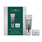 A Medik8 "Nighttime Nourish" gift box displayed on a white background with a dark green center and hexagonal graphics, showing the printed products inside. A Crystal Retinal 3 tube and an Advanced Night Restore travel size jar stand loose beside the box.