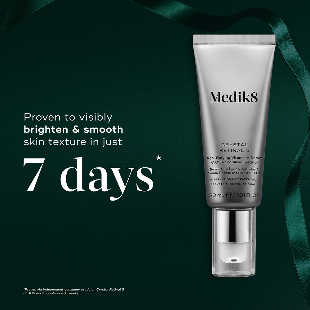 A Crystal Retinal 3 tube displayed against a dark green background with a green ribbon. Text highlights it is "Proven to visibly brighten & smooth skin texture in just 7 days."