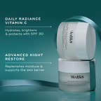 Two Medik8 travel size products stacked and wrapped in a teal ribbon against a teal background, with text highlighting key benefits for each. The top Daily Radiance Vitamin C jar "Hydrates, brightens & protects with SPF 30," and the bottom Advanced Night Restore jar "Replenishes moisture & supports the skin barrier."